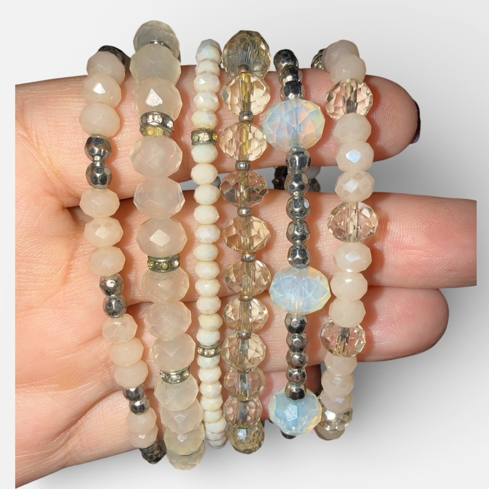 In Harmony Layered Glass Bead Bracelet Set in Nude-Set of Six Stretch Bracelets